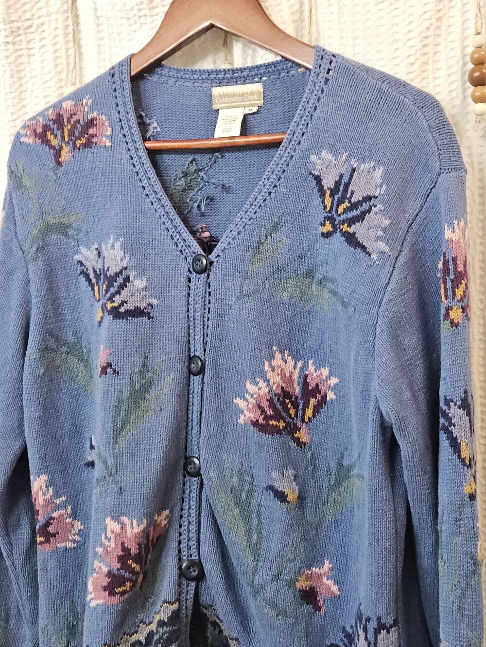 Coldwater Creek Vintage Blue Floral Knit Cardigan Sweater Medium Cottagecore - Picture 5 of 16